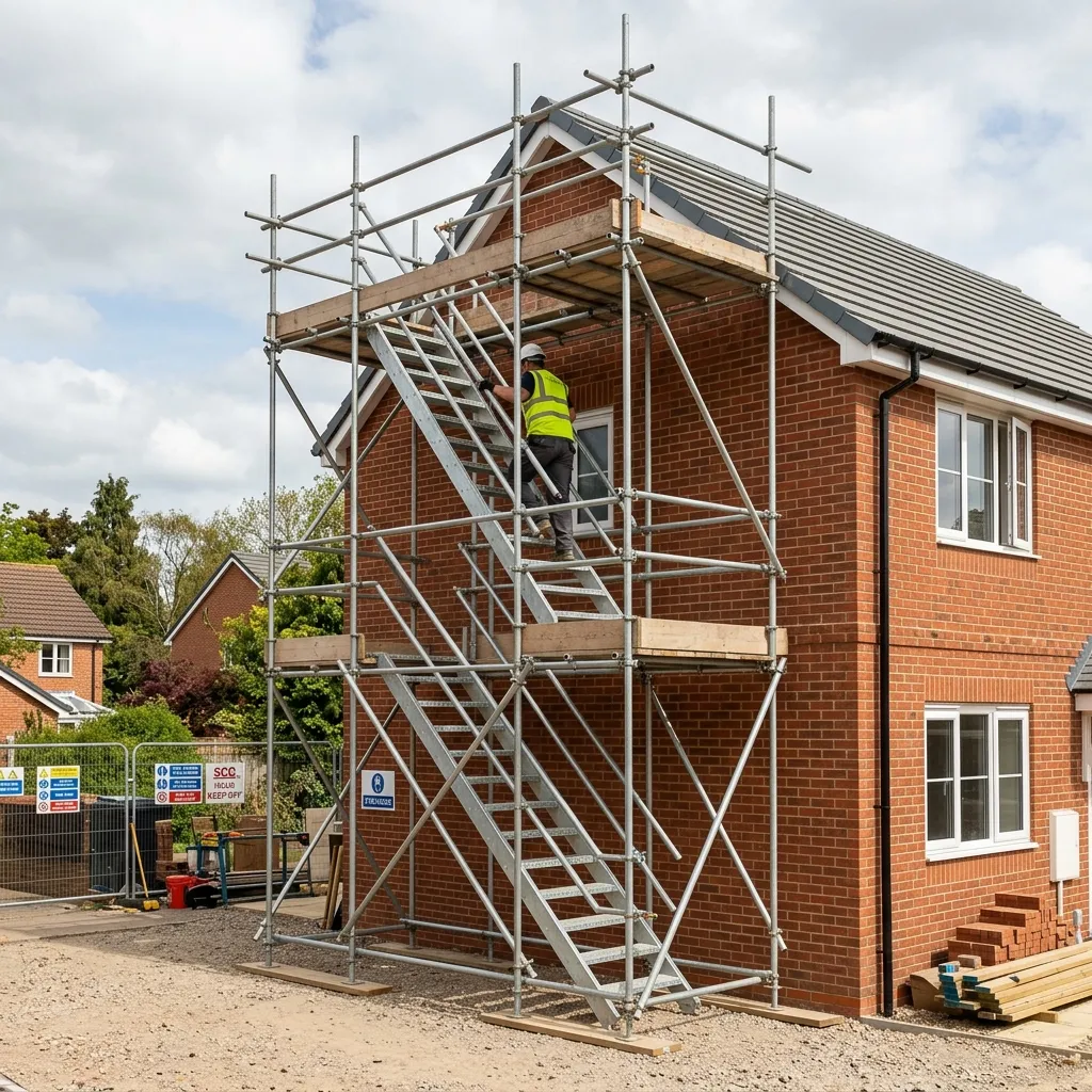 Safe steel scaffolding access stair tower leading to residential roof level