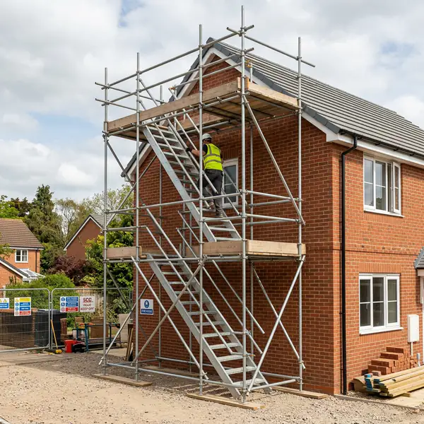 Safe steel scaffolding access stair tower leading to residential roof level
