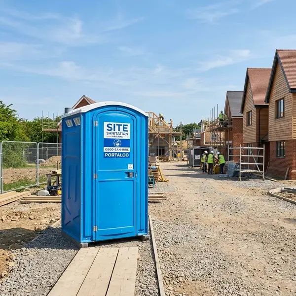 Clean hygienic portable toilet portaloo unit hired on a construction site