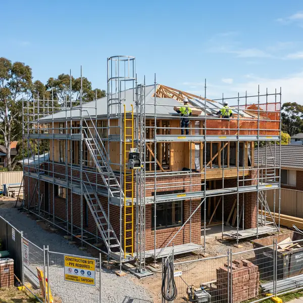 Residential building frame under construction with safety scaffolding